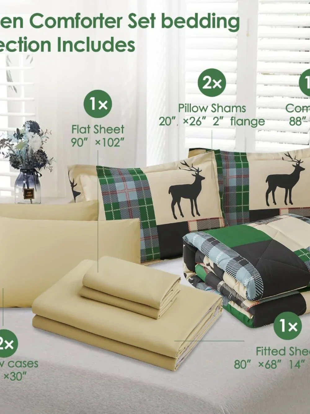 Rustic Green Plaid Patchwork 7-Pc Comforter Set | Queen King Bed In A Bag